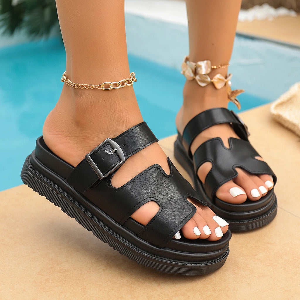 Women’s Round-Toe Buckle Platform Slippers