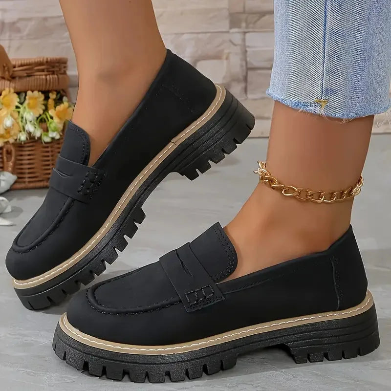 Woman Loafers Retro 2026 Autumn Ladies Large Size Frosted British Thick Heel round Toe Rubber Outsole Korean Style Casual Shoes