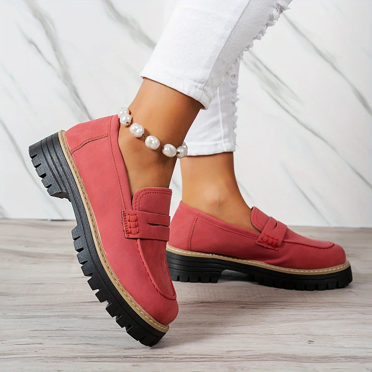 Woman Loafers Retro 2026 Autumn Ladies Large Size Frosted British Thick Heel round Toe Rubber Outsole Korean Style Casual Shoes